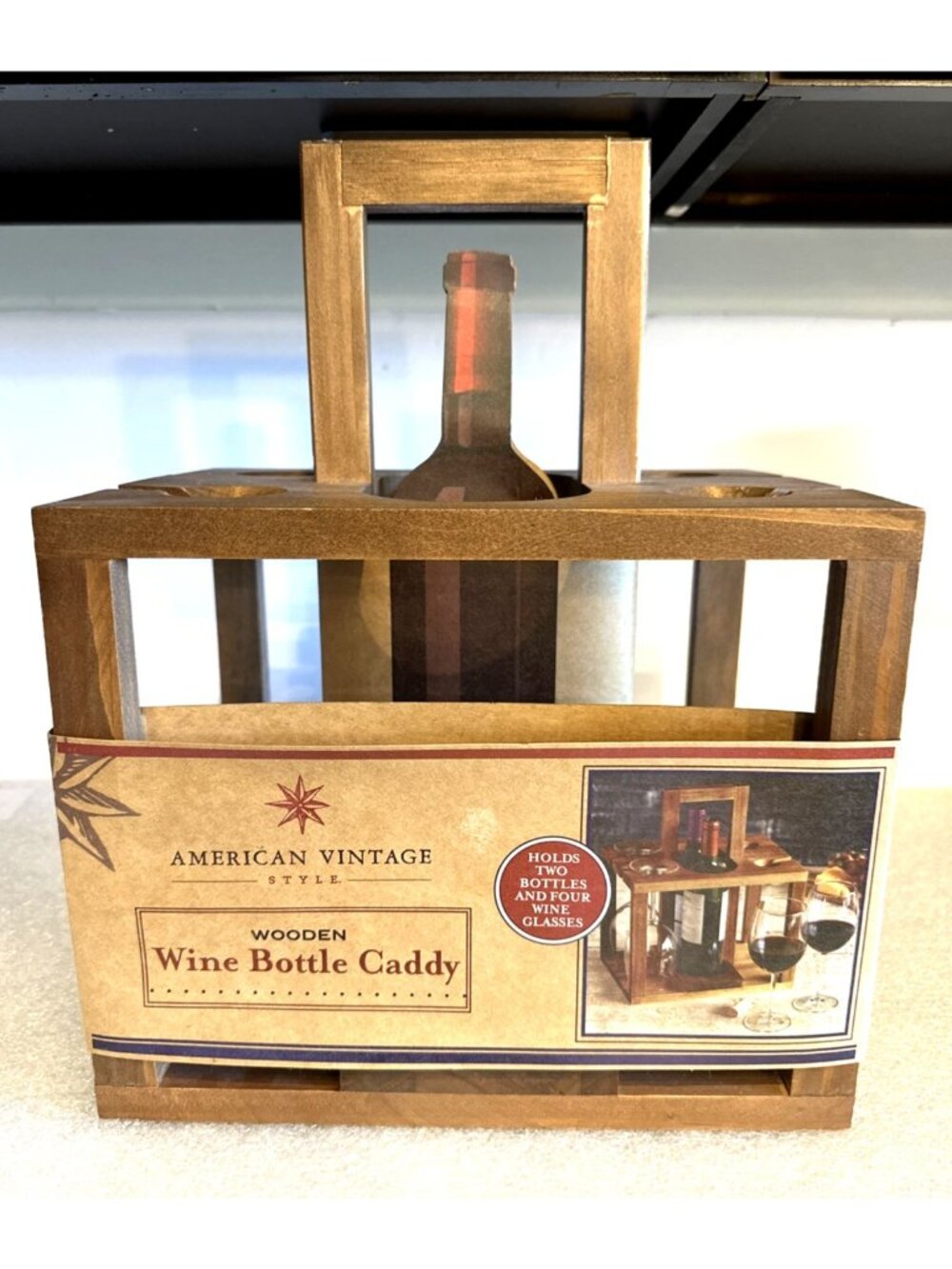 Wooden Wine Bottle Caddy Holds 2 Bottles & 4 Wine Glasses American Vintage Style